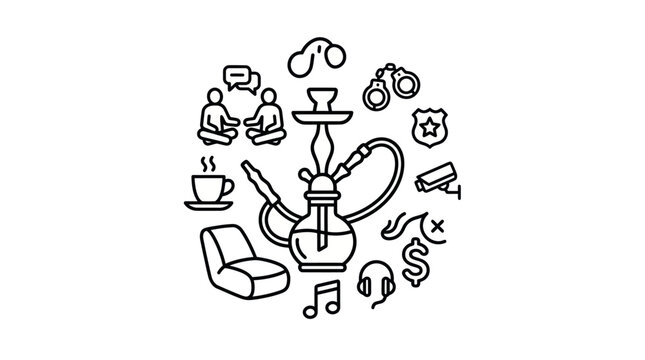 Shisha pipe surrounded by various lifestyle and social icons.