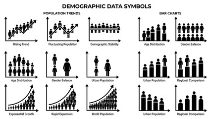 Obraz premium Demographic Data Vector Icon Sheet, Flat Silhouettes of Line Charts Shaped Like Human Crowds Bar Graphs and Population Growth Curves, Minimal Art