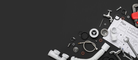Fototapeta premium Plumbing tools and parts with blueprint on black background