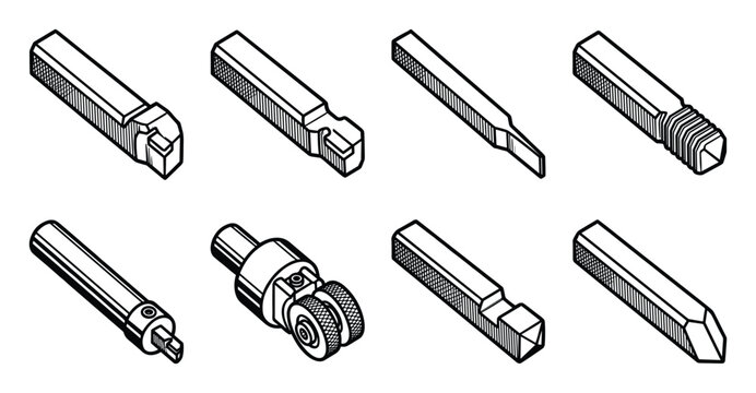 Lathe tool bit profiles, a set of line art isometric cutting tools.