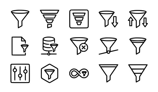 Data filter vector icon set with flat thin linear information sorting and analytical funnel line art symbols