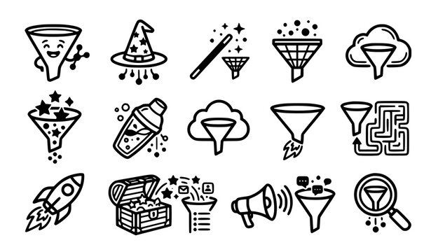 Creative filter vector icon set with bold line art whimsical search funnel and sorting navigation symbols