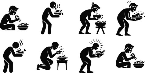 Obraz premium Set of silhouettes showing people eating food in different styles
