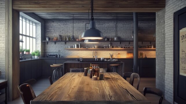 Industrial dining room, reclaimed wood table, pendant lighting, raw materials generative ai
