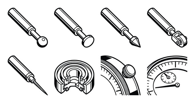 Line art icons of dial indicator contact points and precision measuring gauges