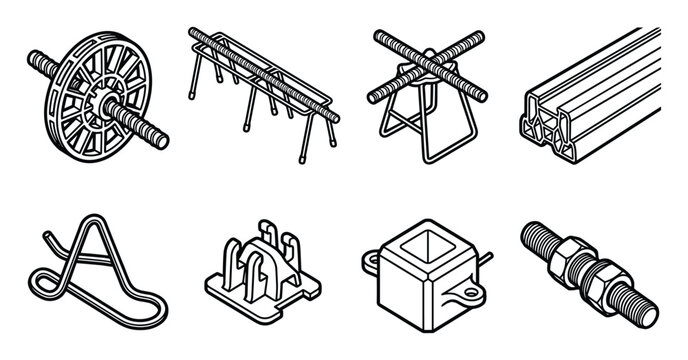 Line art icons set showing concrete rebar chairs spacers and supports.