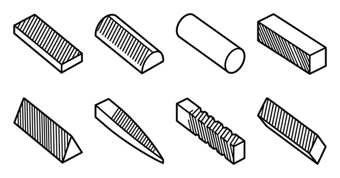 Line art isometric geometric cross section profile shapes vector icons.