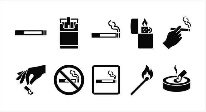 Smoking related icons flat black silhouettes on a white background cigarette tobacco smoker lighter match ash ashtray hand holding prohibition restriction design vector graphic icon