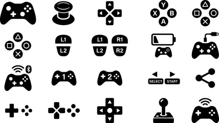 Video, game, controller, icons, set, black, silhouette, gamepad, joystick, buttons, play, entertainment, console, isolated, white, background, vector, design, symbol, ui, interface, sign, collection © RONY CHANDRA ROY