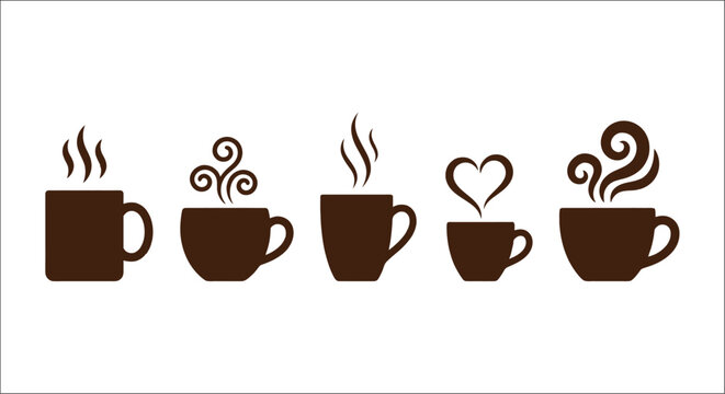 Coffee cup silhouettes with steam variations on a white background cups mugs caffeine beverage drink hot vector illustration graphic design vapor aroma fragrance isolated minimalist