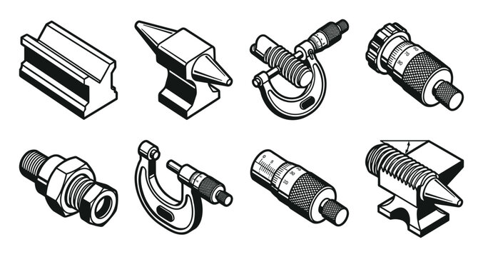 Metrology tools icons collection. Micrometer gauges and mechanical components.