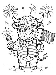 Cute Highland Cow 4th July Coloring Page with Fireworks and American Flag