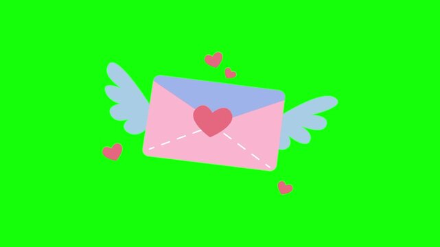 Love icon, animated flying paper letter in envelope with wings cartoon vector. Social media gift idea, message, interaction symbol. Popup clipart shape animation green screen background template.