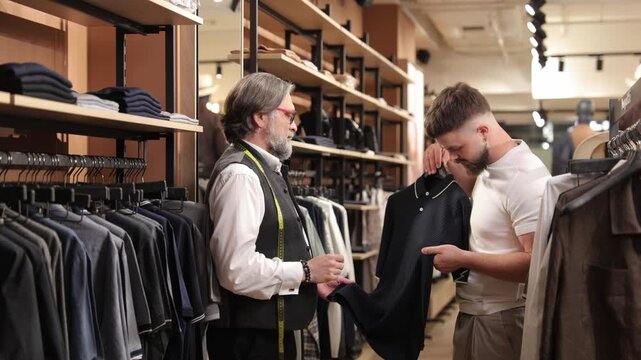 Professional tailor advising customer in a menswear boutique