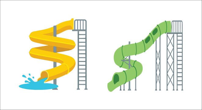 Spiral water slides with ladders vector illustration on a white background slide playground equipment amusement park recreation fun leisure summer outdoor activity pool waterpark staircase