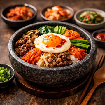 Hot stone pot bibimbap, authentic Korean cuisine with colorful vegetables.
돌솥 비빔밥, 다채로운 채소가 들어간 진짜 한국 요리