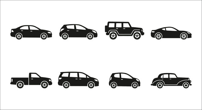 Collection of vehicle silhouettes against a white background showcasing various car body styles automotive cars vehicles sedan suv truck minivan hatchback convertible classic transportation mobility