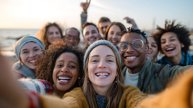 Diverse group of happy friends taking a selfie outdoors at sunset.