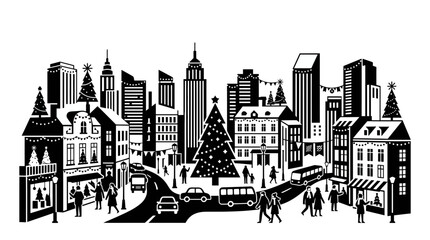 Fototapeta premium Christmas Cityscape Silhouette: Festive Skyline with People, Cars and Trees