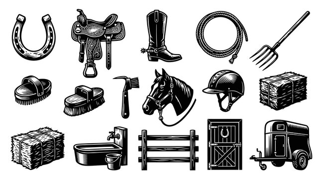 Horse Riding Equipment and Farm Tools Black and White Vector Icons Set