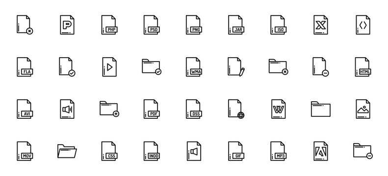 File & Folders icon set. Minimalist vector icons pack. Featuring file types, folders, documents, including Pdf, Word, Excel, Powerpoint, Php, Html, Css, Psd, Png, Gif, Iso, Jar, Avi, Mov, Mp3 and more