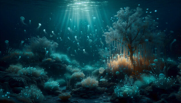 A nighttime ocean scene, where the water is alive with the ethereal, blue glow of bioluminescent plankton, with the ghostly shapes of glowing jellyfish drifting through the light, Ai generated image
