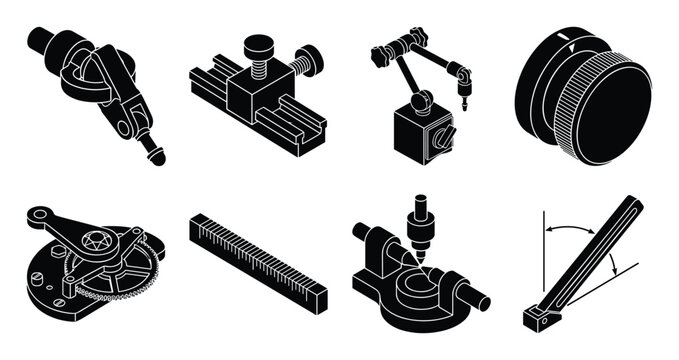 Precision Metrology Tools Industrial Machine Components Black Icons Set