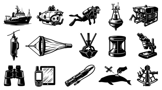 Oceanography and Marine Science Research Icons Set  Vintage Black and White Engraving Style