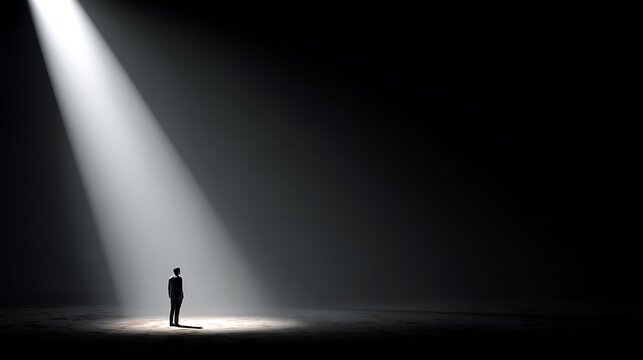 Man Standing Alone in a Bright Spotlight on a Dark Stage.