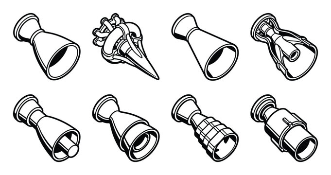 Rocket engine nozzle shape icons line art collection for aerospace design