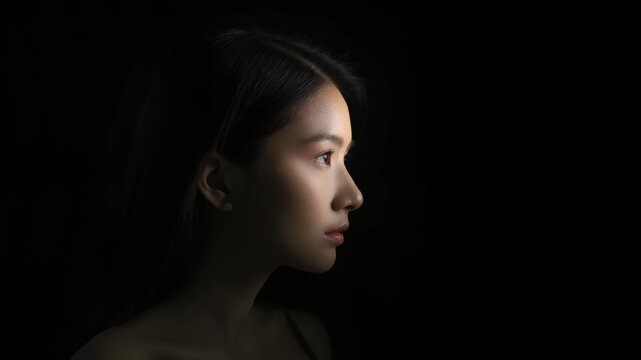 暗闇を照らす光と静かな表情の人物ポートレート