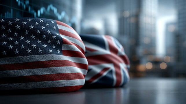Close up of american and british flags with a cityscape background representing international relations and trade