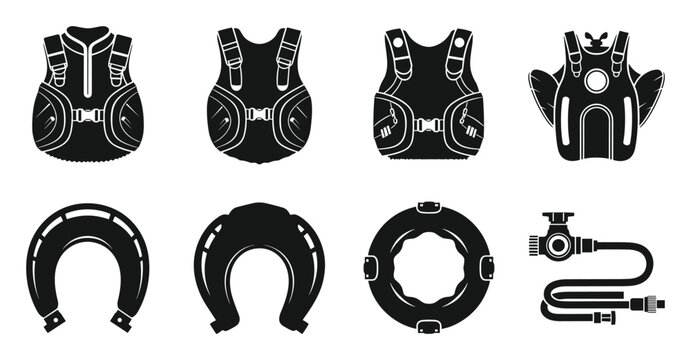 Set of black diving gear icons including BCD vests, weights, and regulators.