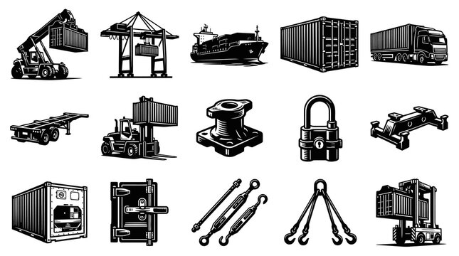 Black  White Shipping Logistics Vector Illustration Set: Cargo Containers, Cranes, Ships, Trucks  Trade Elements