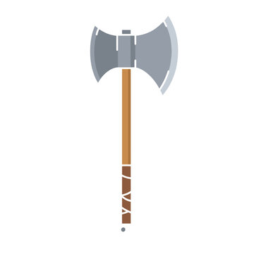 Flat vector illustration of a stone axe with wooden handle