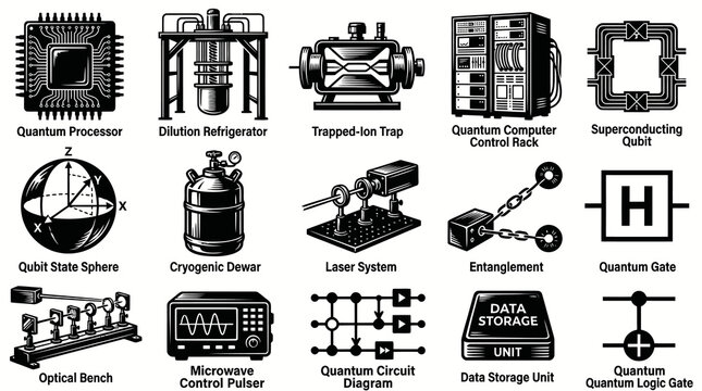 Quantum Computing Technology Black  White Glyph Icons Set - Science Research Concepts and Equipment