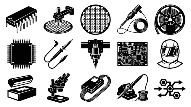 Electronics and Semiconductor Manufacturing Icons Set - Technology, Components, Tools, and Processes Black  White Line Art