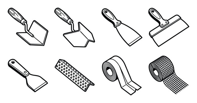 Set of drywall tools and materials icons including blades and tapes