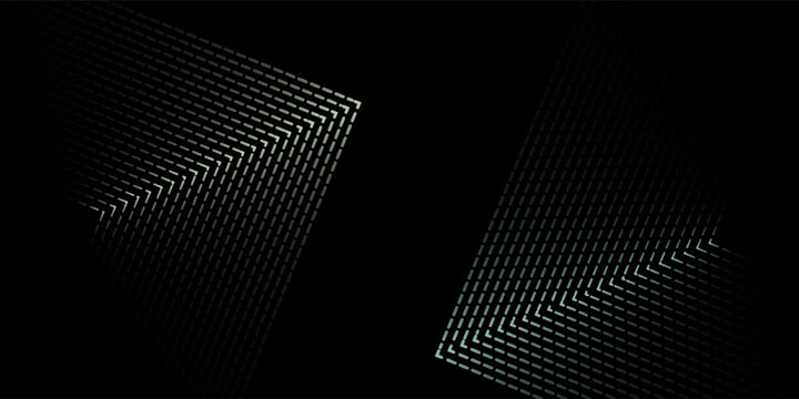 Dark abstract tech background with dashed lines chevron arrows and copy space. Modern futuristic digital backdrop with glowing dashed line geometric shapes on black