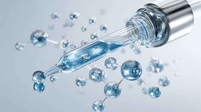 Close-up of a dropper with blue liquid and water droplets, representing science and skincare.