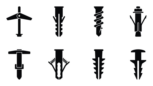 Set of various drywall anchor mechanism icons in black silhouettes.