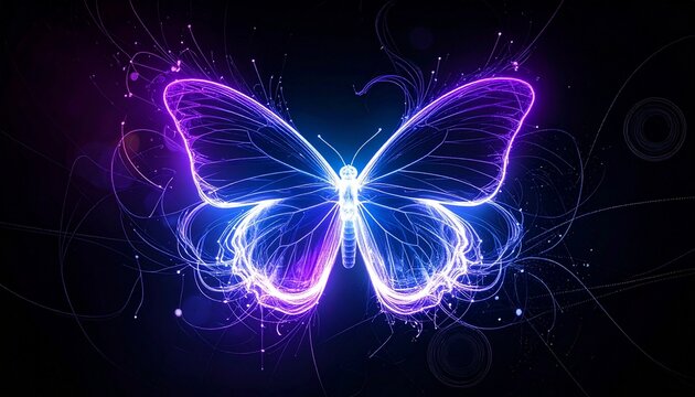 Ethereal luminous butterfly formed from glowing fiber-optic strands, floating in dark space, vibrant neon purple and blue illumination, futuristic digital art, abstract energy trails, cinematic bokeh,