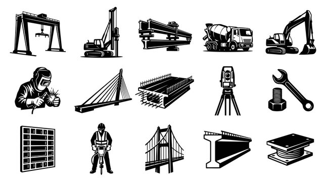 Construction Industry Icons: Black and White Vector Set of Equipment and Structures