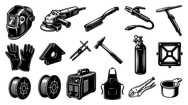 Black and White Vector Illustration of Welding Tools and Equipment Icon Set
