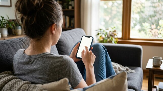 Woman tapping on smartphone while sitting on couch