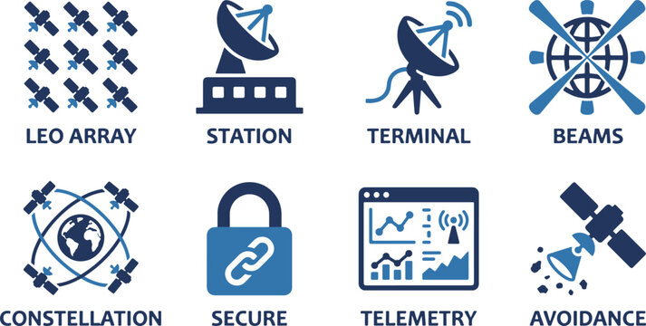 Vector icons illustrating global satellite communication, LEO arrays, ground stations, data telemetry, and secure network infrastructure for advanced space technology applications.