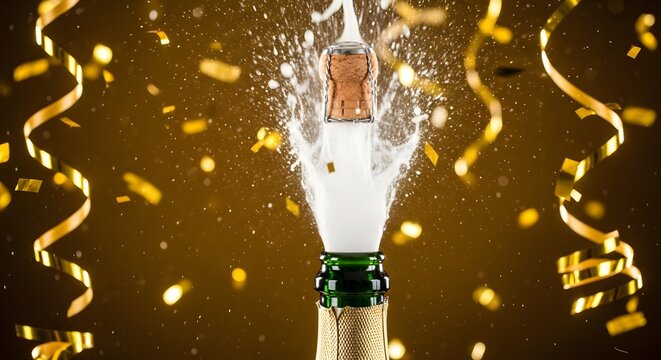 Festive champagne bottle popping explosion concept.