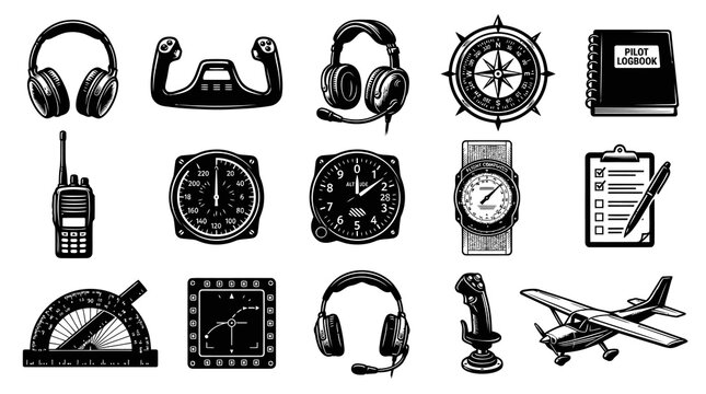 Monochrome Engraved Pilot Aviation Equipment and Flight Instrument Vector Icons Set