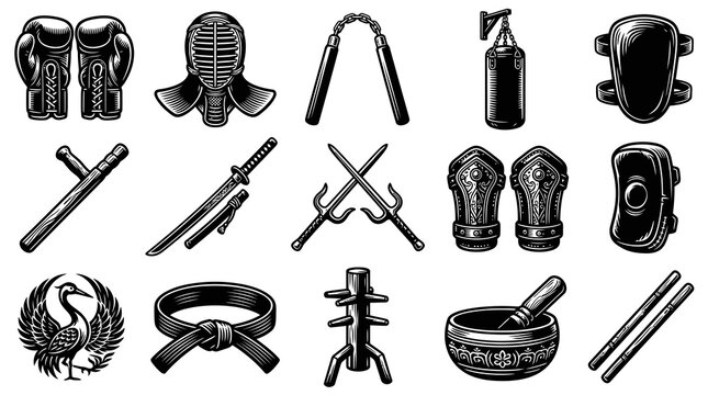 Martial Arts Equipment Set Black and White Line Art Vector Icons
