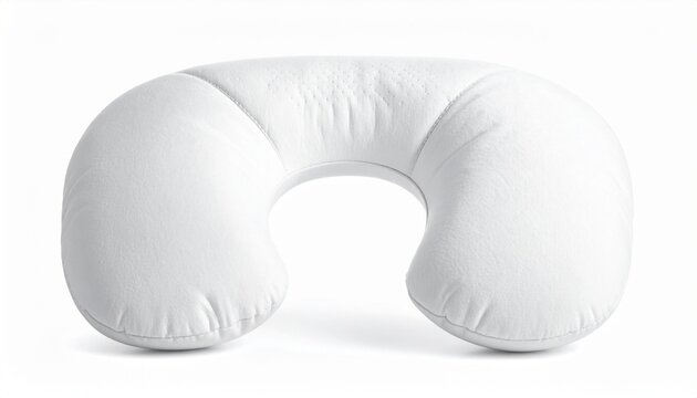 Ultra-detailed 8K product photography of ergonomic memory foam travel neck pillow, soft plush texture, isolated on clean background, realistic studio lighting, premium comfort concept, photorealistic 
